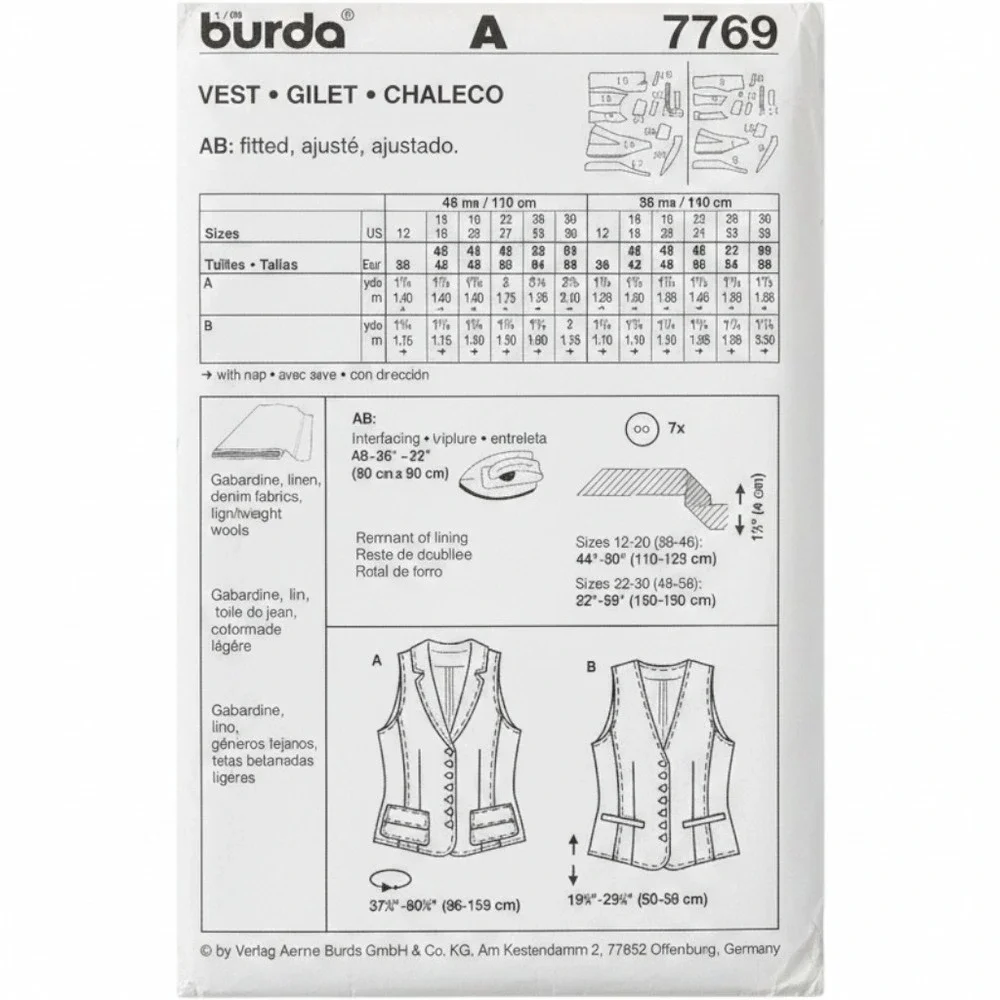 BURDA 7769 WAISTCOAT VEST Women Plus Size Sewing Pattern 12-32 Uncut Avg Skill